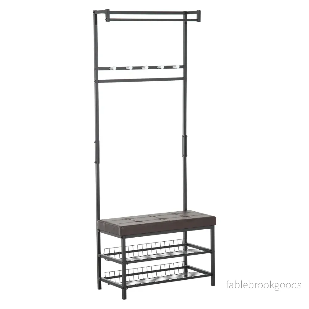 Coat Rack Bänk Combo med metallram och förvaringshyllor Coat Rack Bänk Combo med metallram och förvaringshyllor