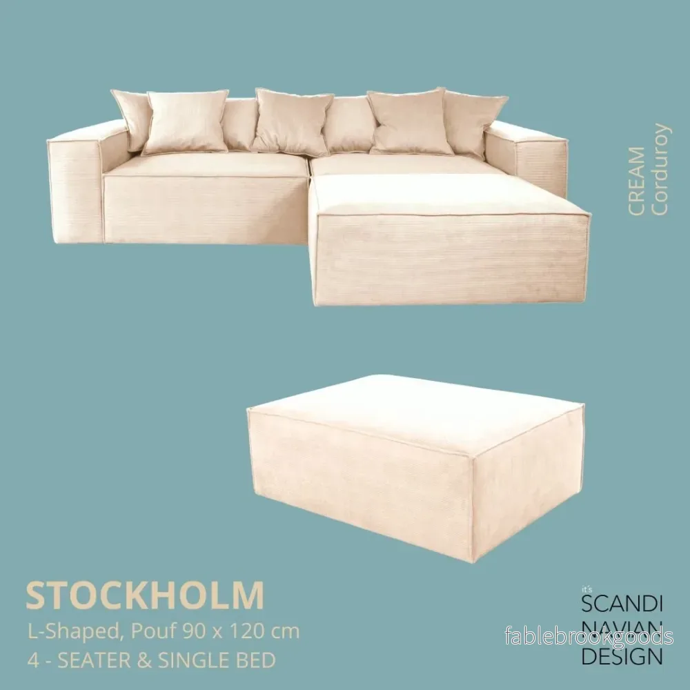 Stockholm L- Shaped sofa/single bed Corduroy Cream removable & washable cover