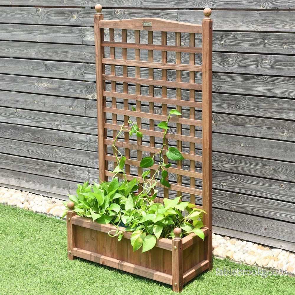 Blomlåda – med spaljé, planteringslåda i trä för klätterväxter, högbädd – 64,5 x 28 x 120 cm – Brun - Bild 3
