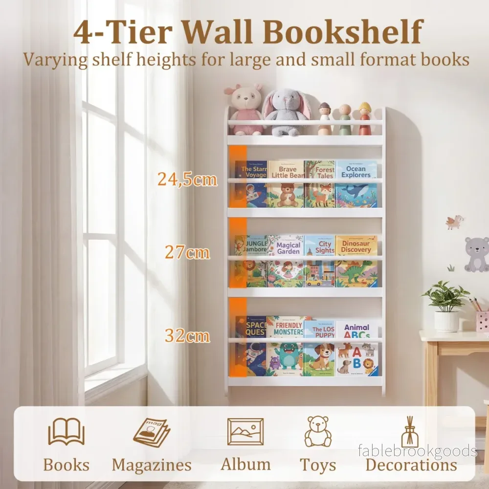 Bokhylla – Barn Vägghylla med Hyllor Platsbesparande Hänghylla för Böcker och Leksaker – 4 – Vit - Bild 3