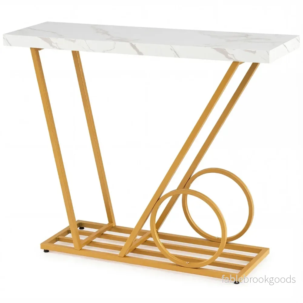 Konsollbord – Modern Infälldsbord med Marmor Optik och Vagn inspirerad Design Sidobord – 100 cm – Vit