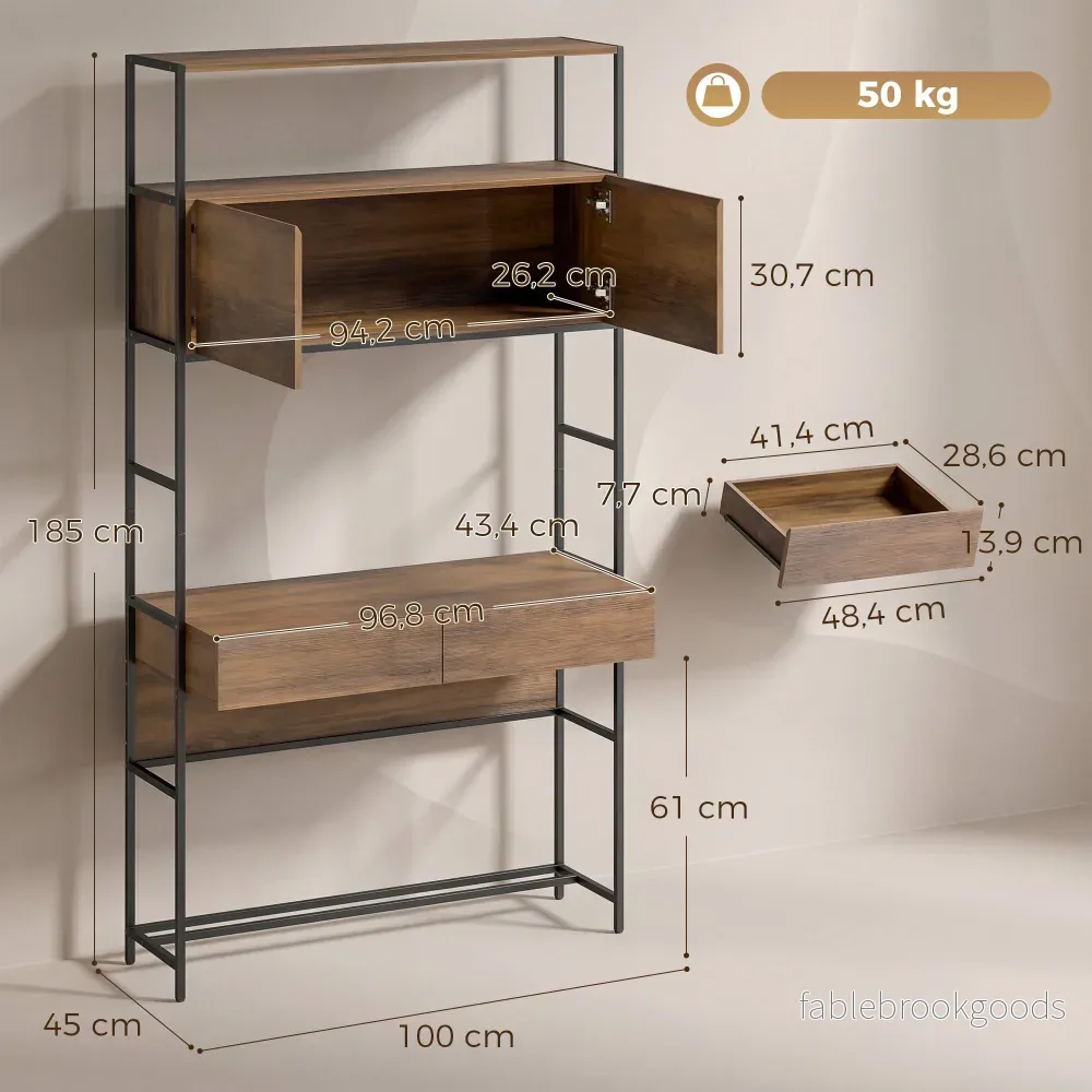 Datorskrivbord med hyllor och 2 lådor, brunt, 185 cm - Bild 3