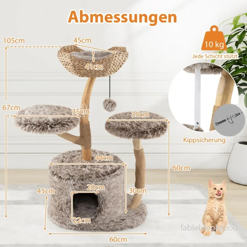 Klösträd – i med kattgrotta, plyschsittplatser, korg och klöspost. – 2 105 cm – Trä - Bild 2