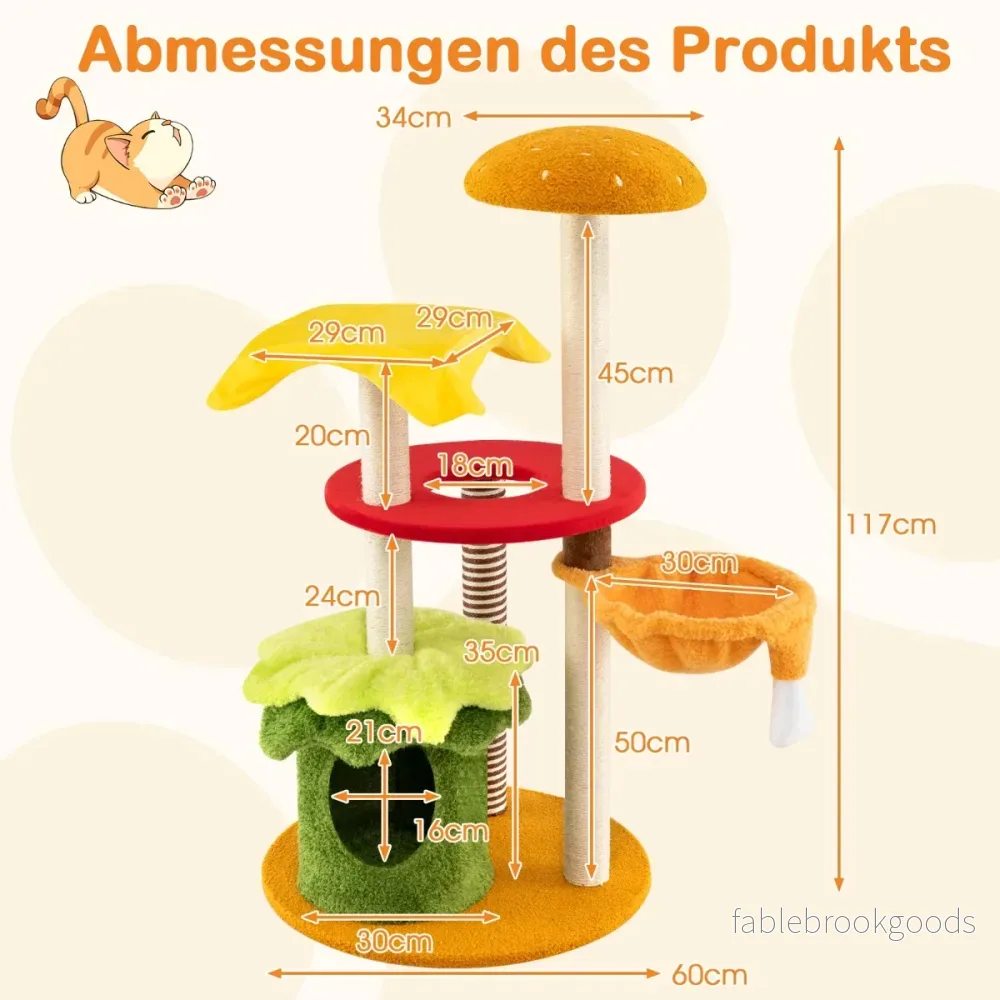 Kattträd – flertrappat klättertorn med hängande korg, vadderad sittplats, sisal klösträknar, klösträd – 117 cm – Orange - Bild 2