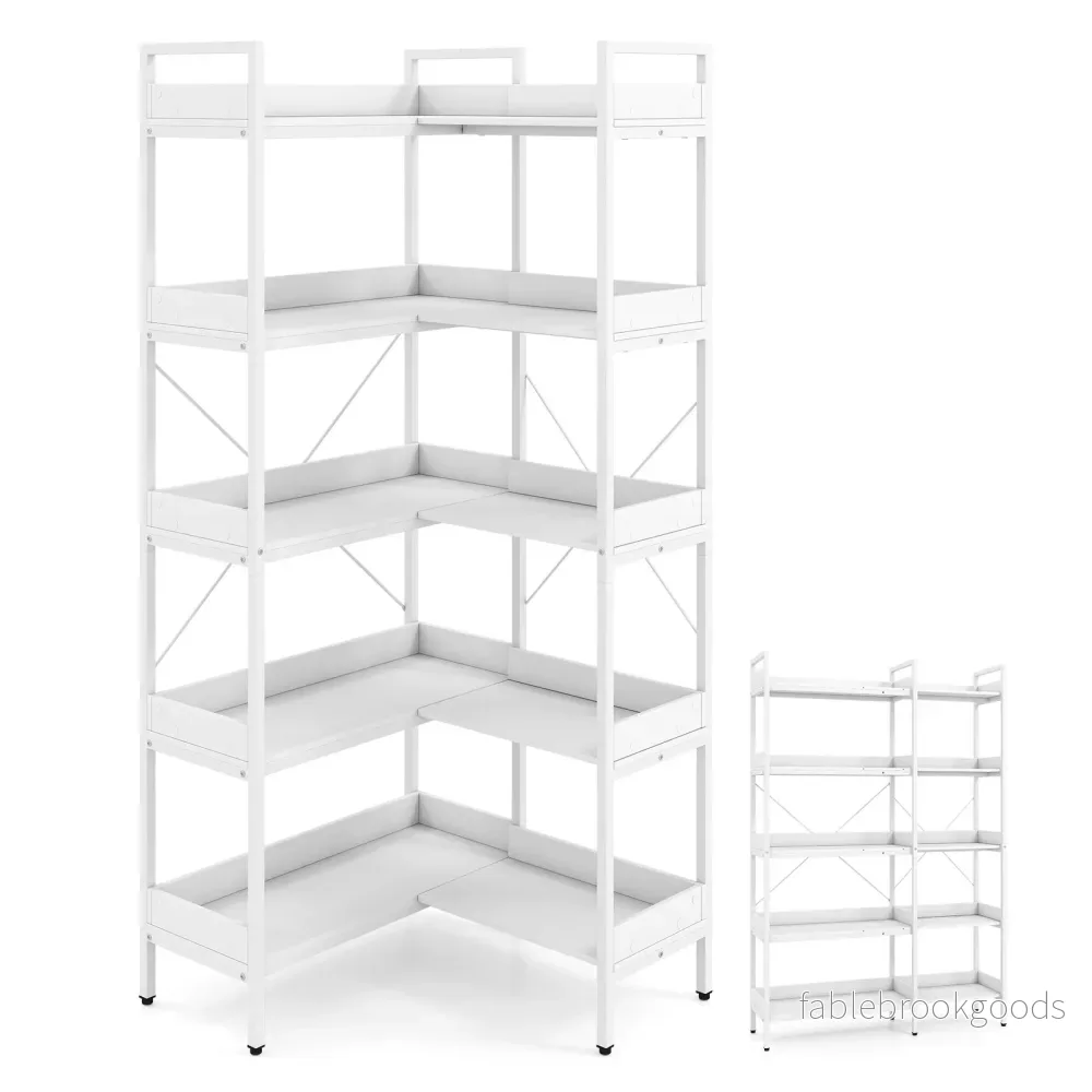 Bücherhylla – 5‑vånad L‑formad hörnhylla av trä med förhöjda sidokanter – 72 x 69 x 167 cm