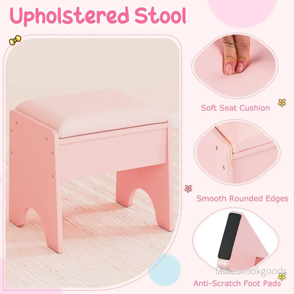 Barn – Sminkbord med Spegel och Ljus Prinsessa Lekbord Hylla Ringspår Polsterad Pall – Rosa - Bild 3