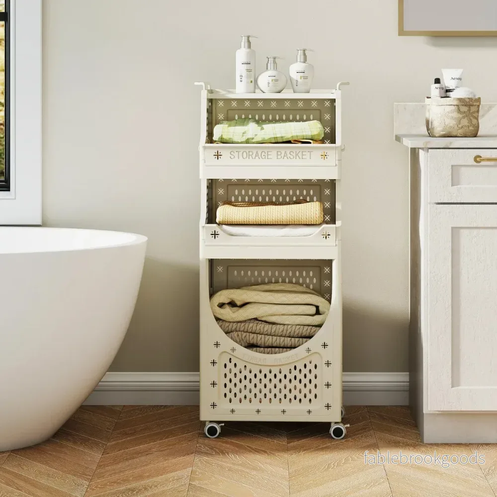 stegs – tvättvagn, hopfällbar tvättkorg med låsbara hjul, korgar, krokar – 4 2 6 – Beige - Bild 3