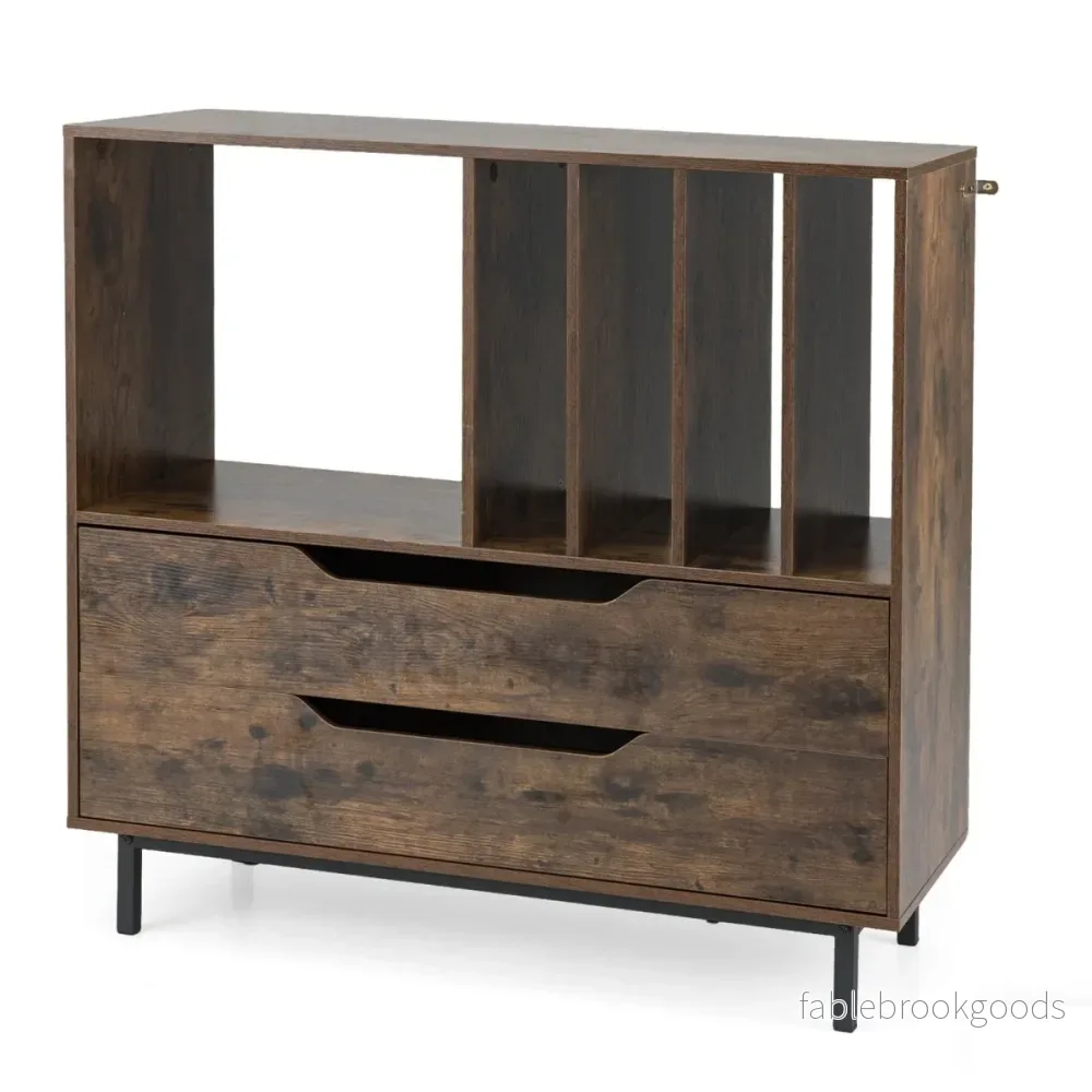 Skivspelare – med vinylfack och lådor Retro vinylhållare – 4 2 – Rustik brun