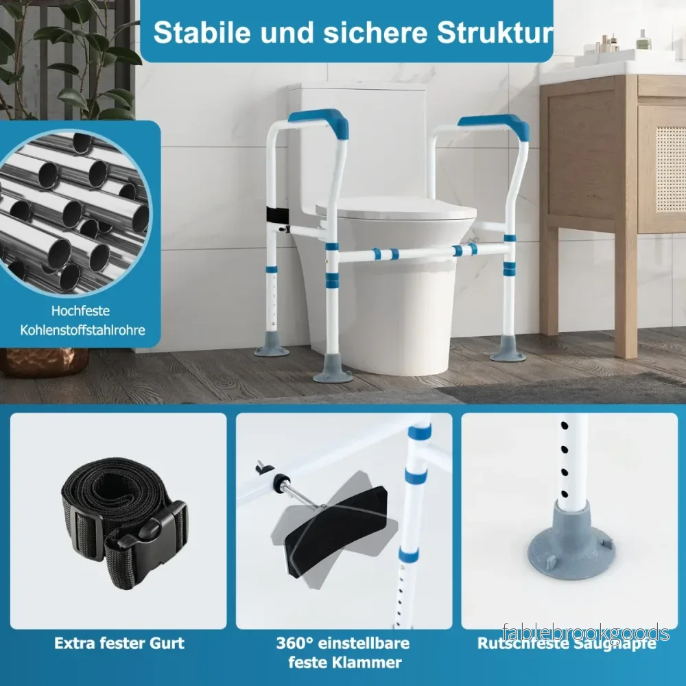 Säkerhetsräcke – för toaletter Justerbar höjdbredd och extra stark rem Robust toaletthandtag – Blå och vit - Bild 2