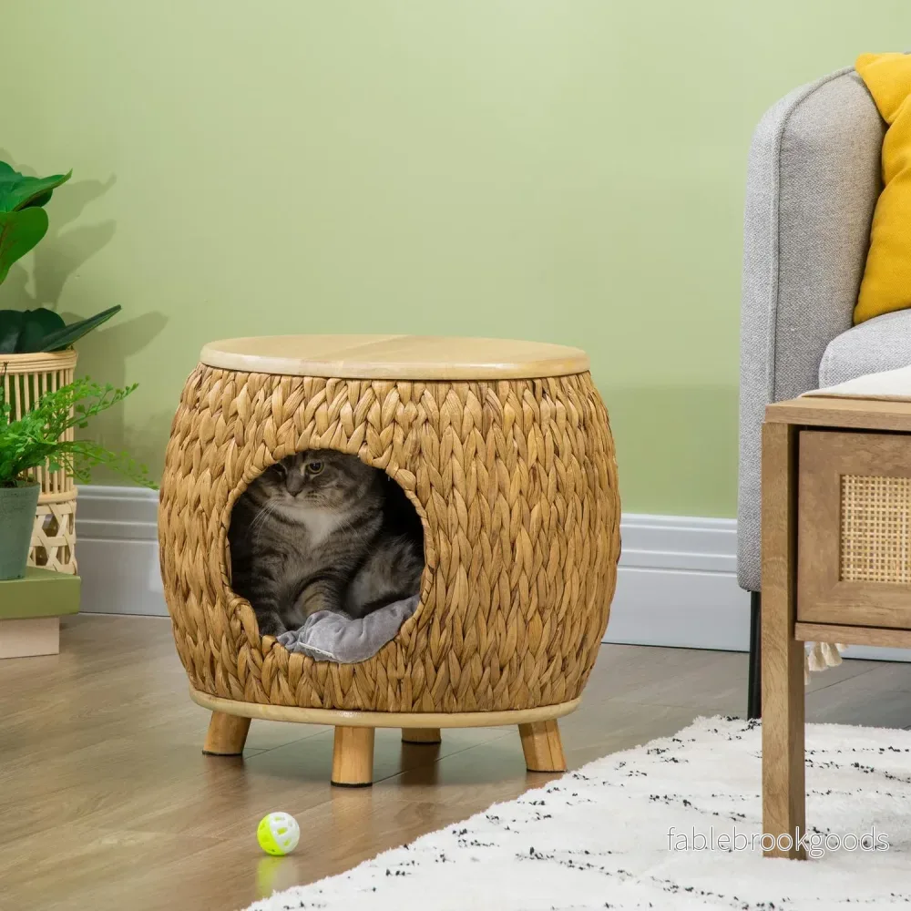 Rattan Cat Cave & Bed – 2-i-1 med kudde, 44x43x42cm - Bild 2