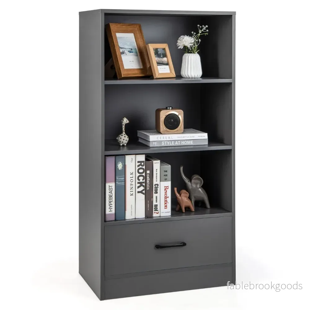Bokhylla – med lådor nivåer Förvaringshylla i trä Ståhylla – 4 60 x 38 x 120 cm – Grå