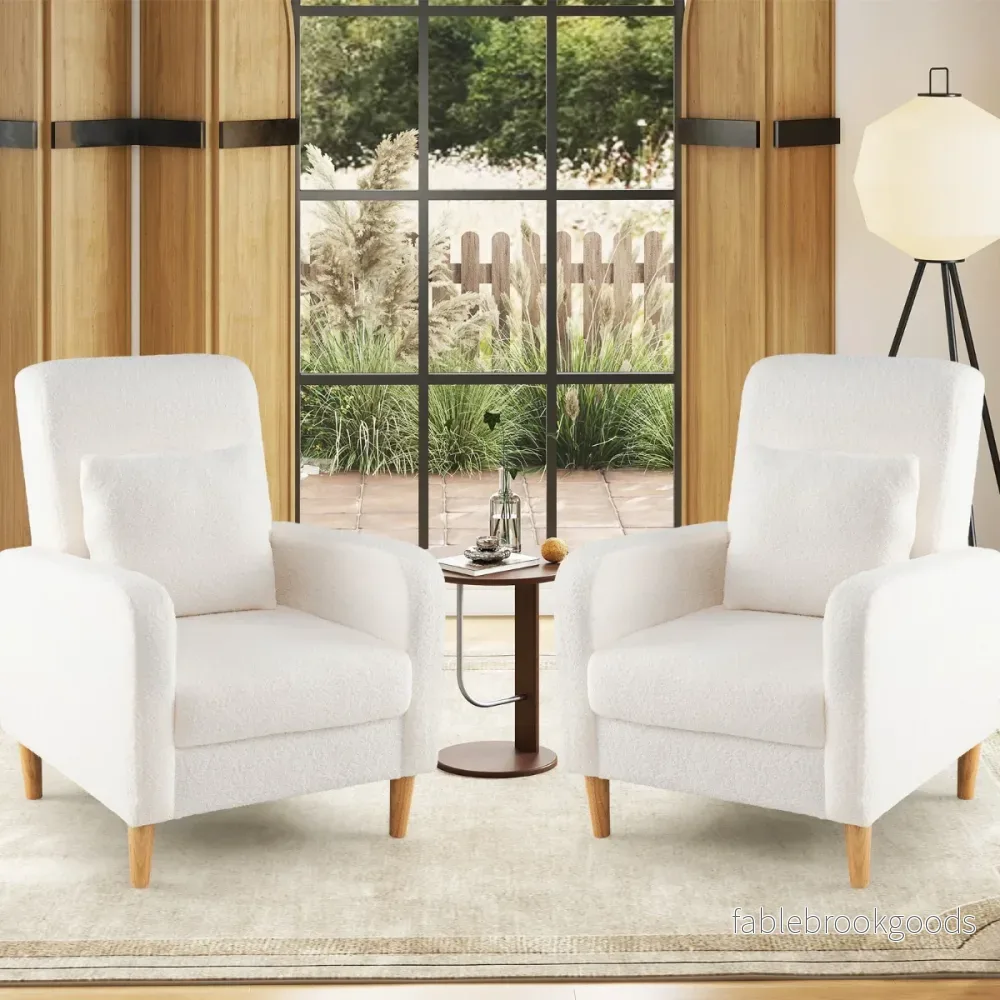 Teddyfåtölj – med ländkudde och träben Polstrad loungestol upp till belastning – 150 kg – Beige - Bild 3