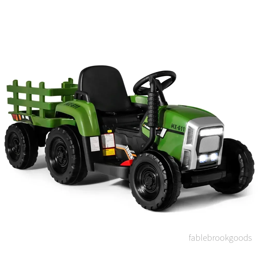 V – barntraktor med avtagbar släpvagn och fjärrkontroll Elleksaksbil – 12 – Mörkgrön