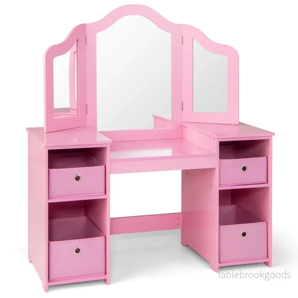 i – sminkbord för barn med avtagbar spegel och förvaringslådor – 2 1 – Rosa