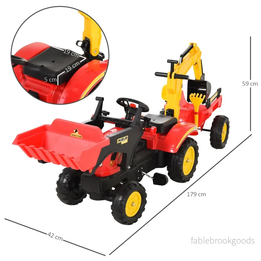Pedaltraktor för barn med släp och frontlastare, röd - Bild 3