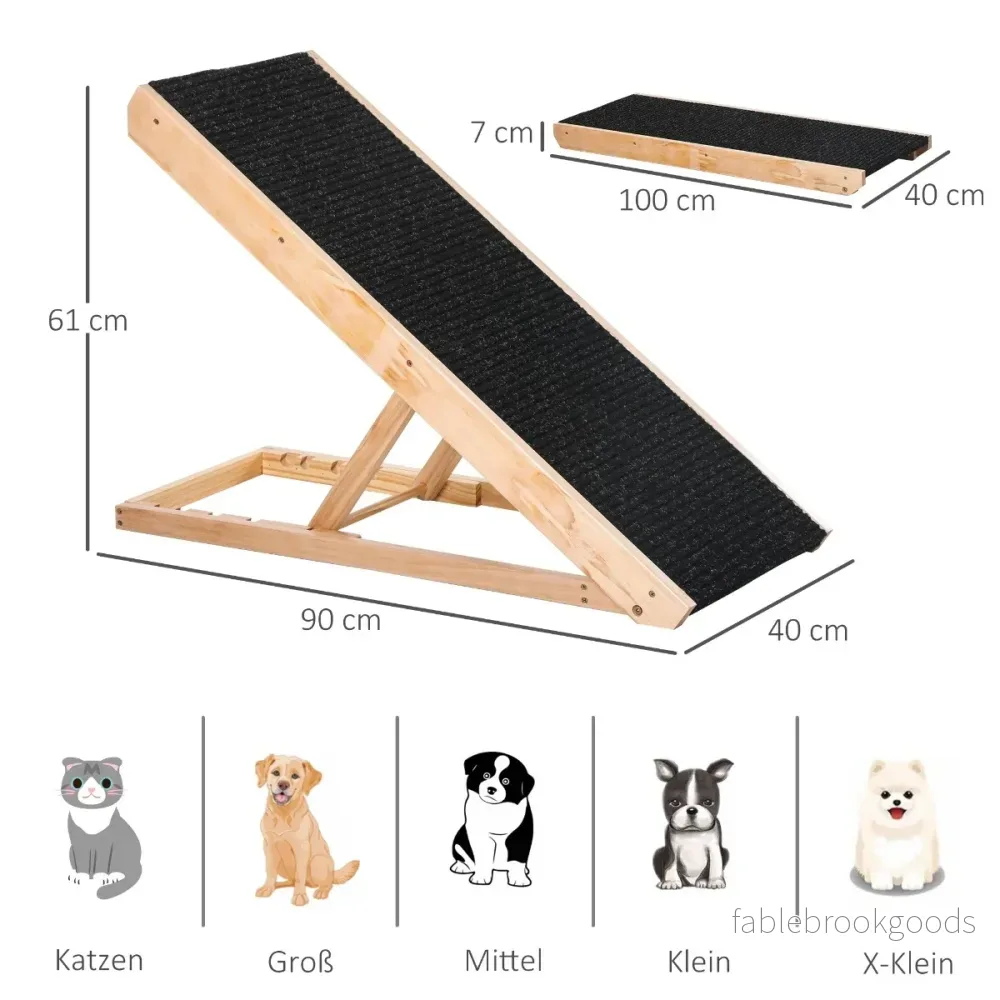 Justerbar hundramp med halkfri matta, furu, 90x40x61cm - Bild 3