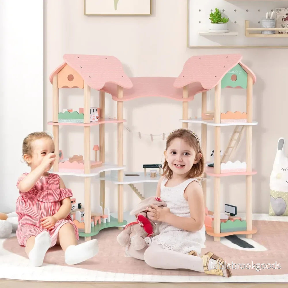 Barns – dockhus i trä med realistiska möbler tillbehör och tak Gör det själv drömhus – 32 – Rosa - Bild 2