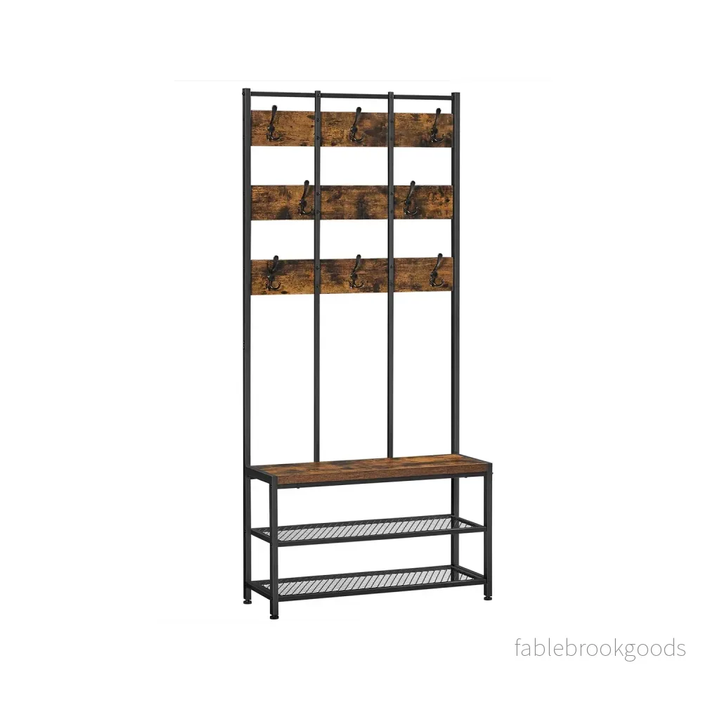 Garderob – Praktisk klädhängare med bänk – Vintage brun-svart Garderob – Praktisk klädhängare med bänk – Vintage brun-svart