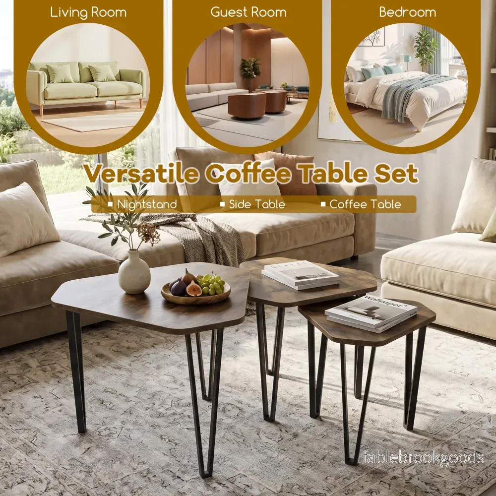 Sidoffbord – pack stapelbara soffbord i storlekar sidobord med ben av stål i industriell stil – 3 3 – Brun - Bild 3