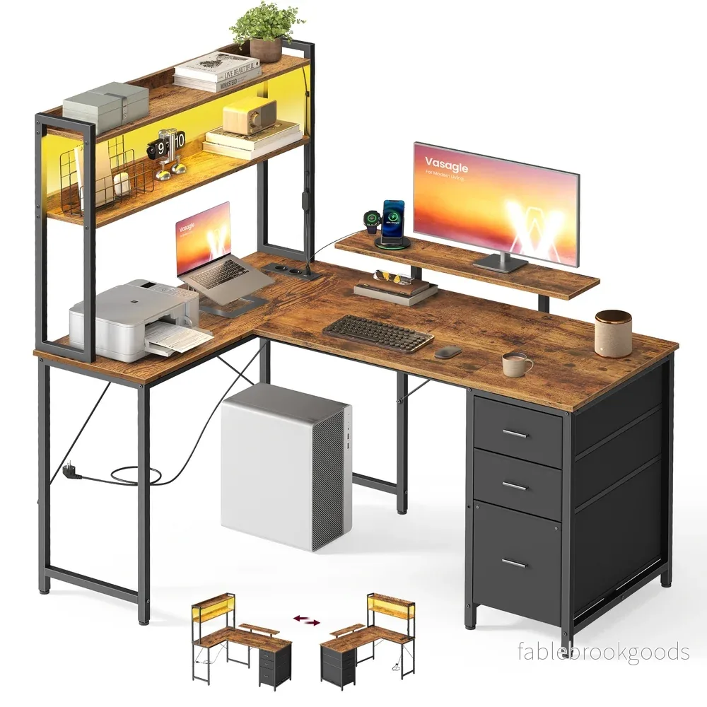 Hoekbureau – L-Vorm – Ledverlichting – Met Stopcontacten – Vintage Bruin-Zwart Hoekbureau – L-Vorm – Ledverlichting – Met Stopcontacten – Vintage Bruin-Zwart