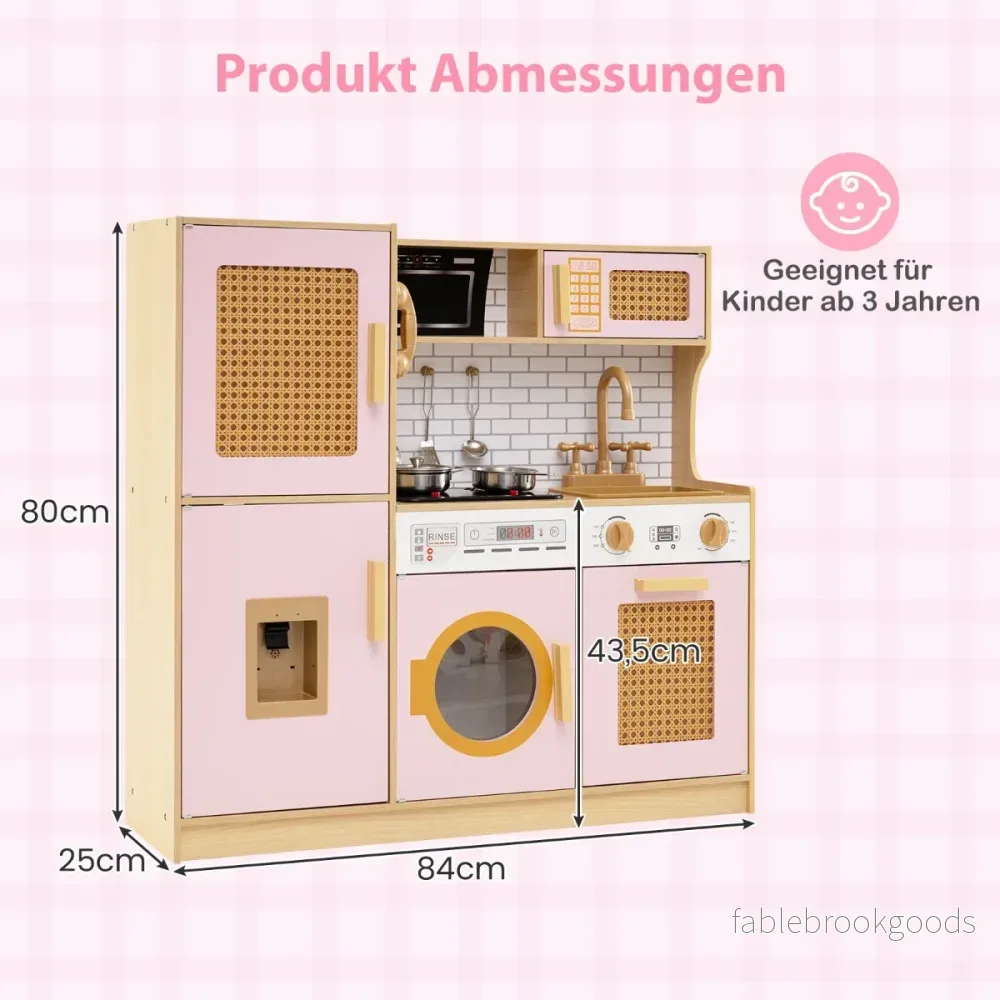 Barnkök – med rottingskåp och ljus ljud kylskåp leksakskök – Rosa - Bild 2