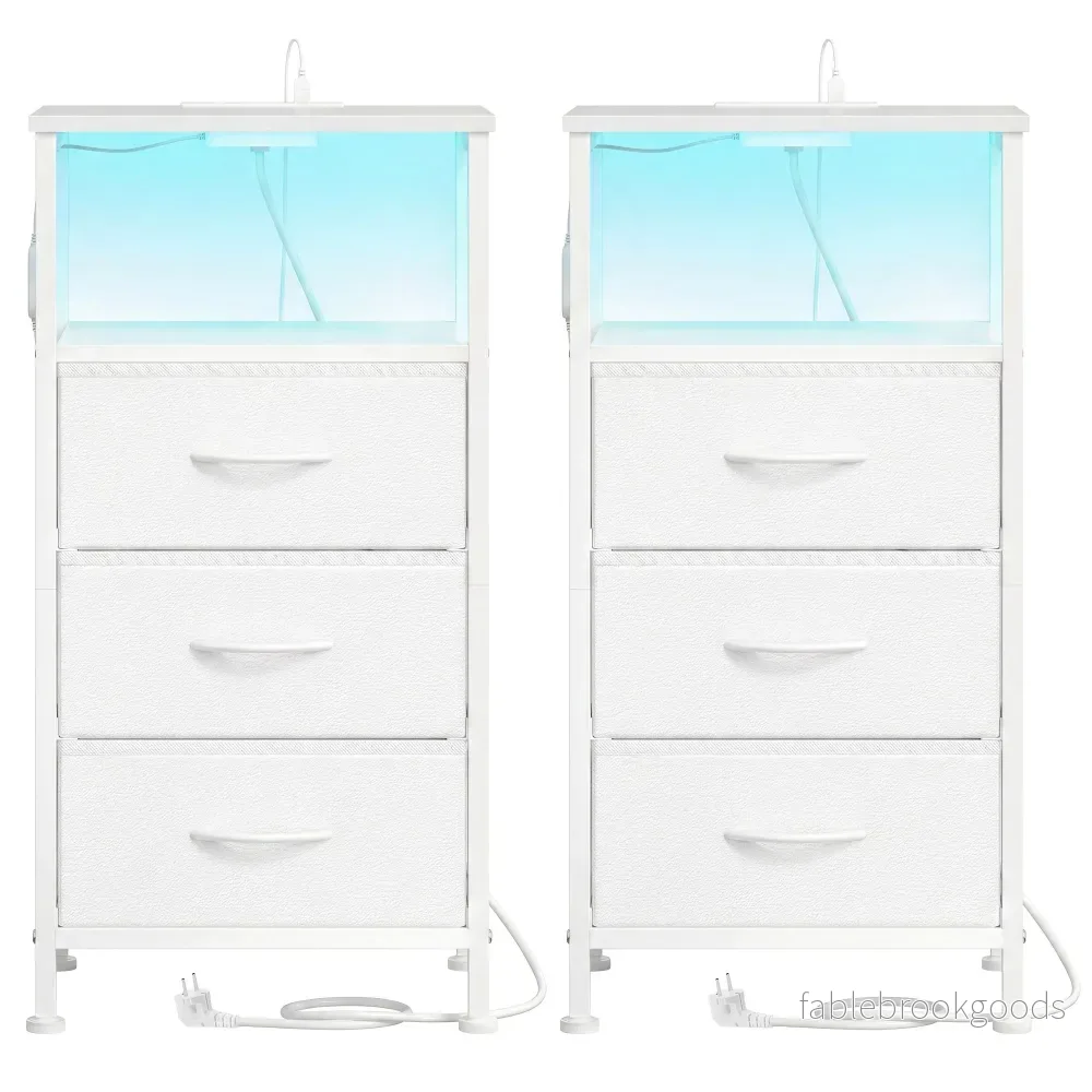 Nachtkastje – Set van 2 – Ledverlichting – 3 Lades – Wit