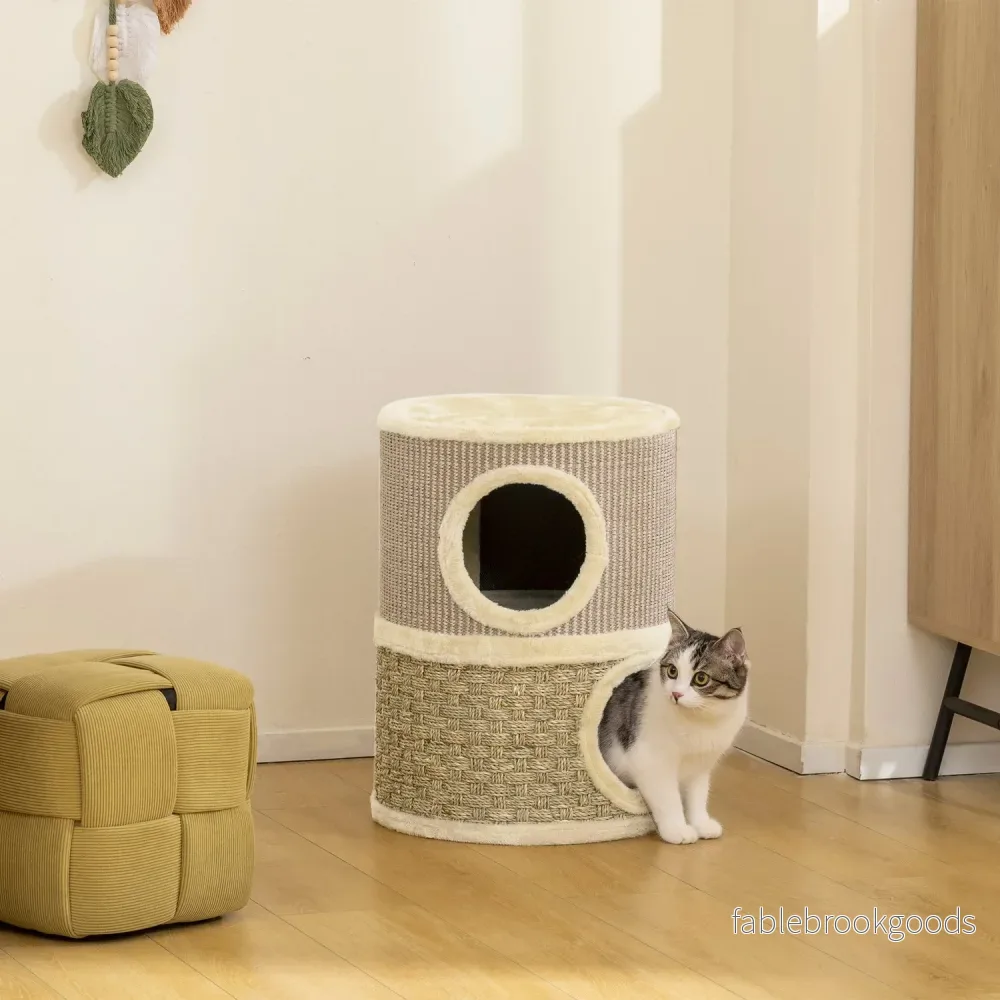 Klöstorn för katt, 49 cm, 2 nivåer, plyschkant, kaki - Bild 2