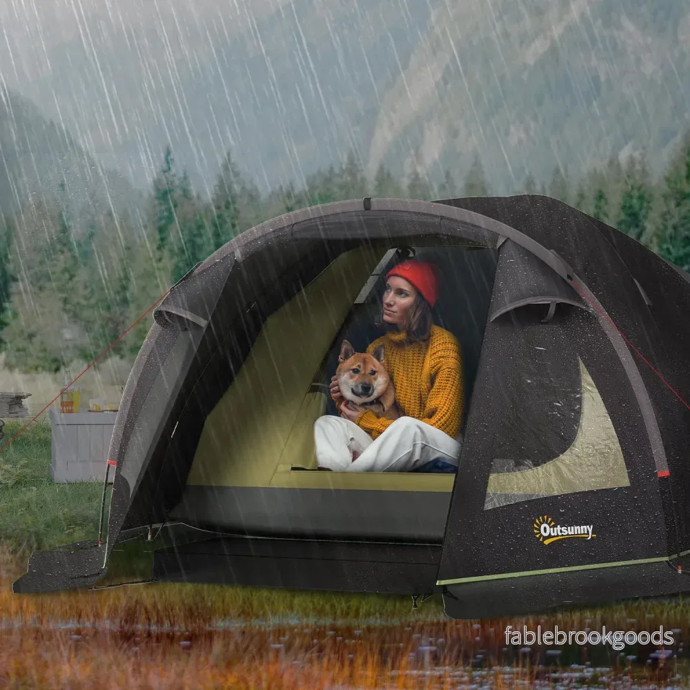 Campingtält för 4 personer, lätt, stabilt, UV 50+ tunneltält med kapell, sidodörr och fönster, svart - Bild 2