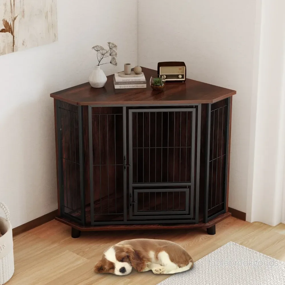 Hundbur – i hörn med matlucka och låsbar dörr Platssparande Husdjursbur – Brun - Bild 3