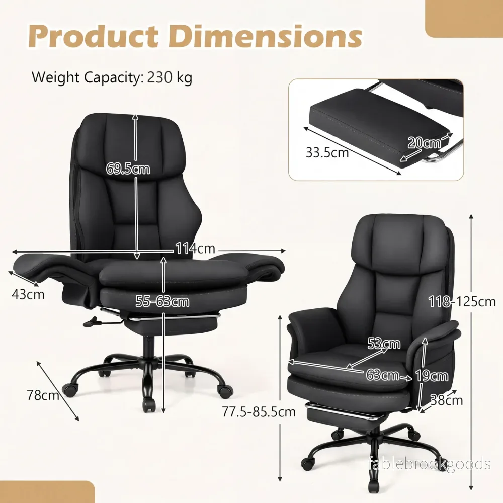 Ergonomisk – kontorsstol, höjdjusterbar chefsstol med hjul och utdragbart fotstöd – 5 - Bild 2