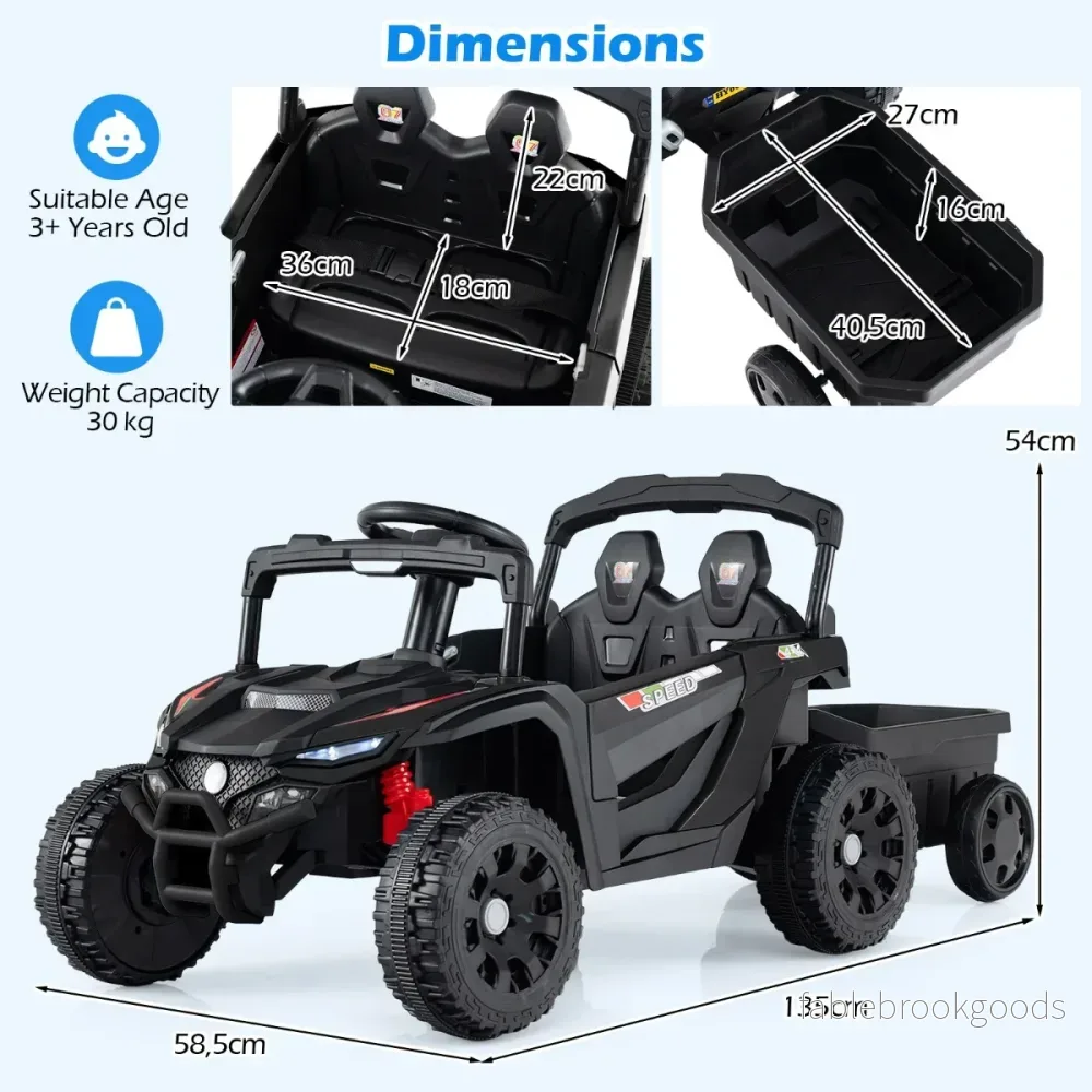 12V – barn traktor med avtagbar släpvagn och fjärrkontroll för föräldrar Elektrisk UTV – Svart - Bild 2