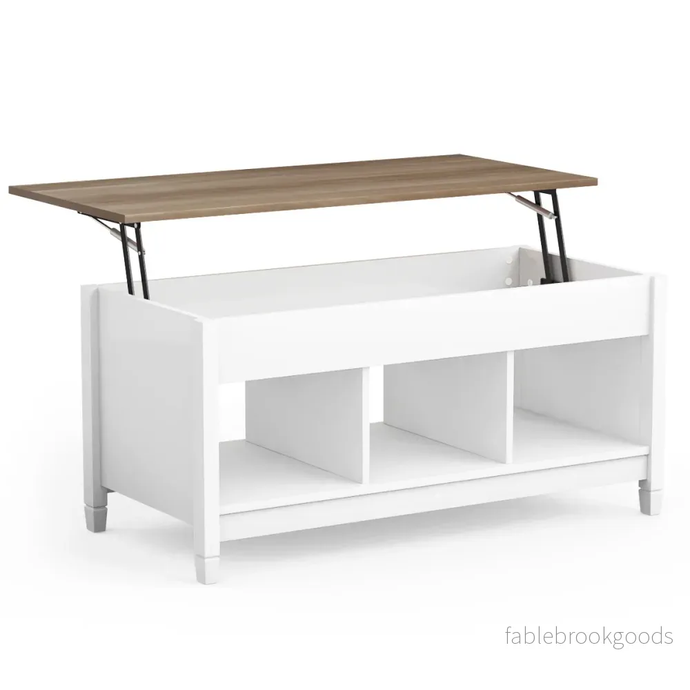 Soffbord – med lyftplatta förvaringsutrymme och öppna hyllor höjdjusterbar – 3 104,5 x 49 x 48-62,5 cm – Vit