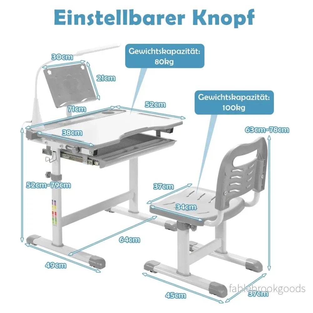 Barnbord – Barnskrivbord Set med bokställ och LED lampa för pojkar flickor – Grå - Bild 2