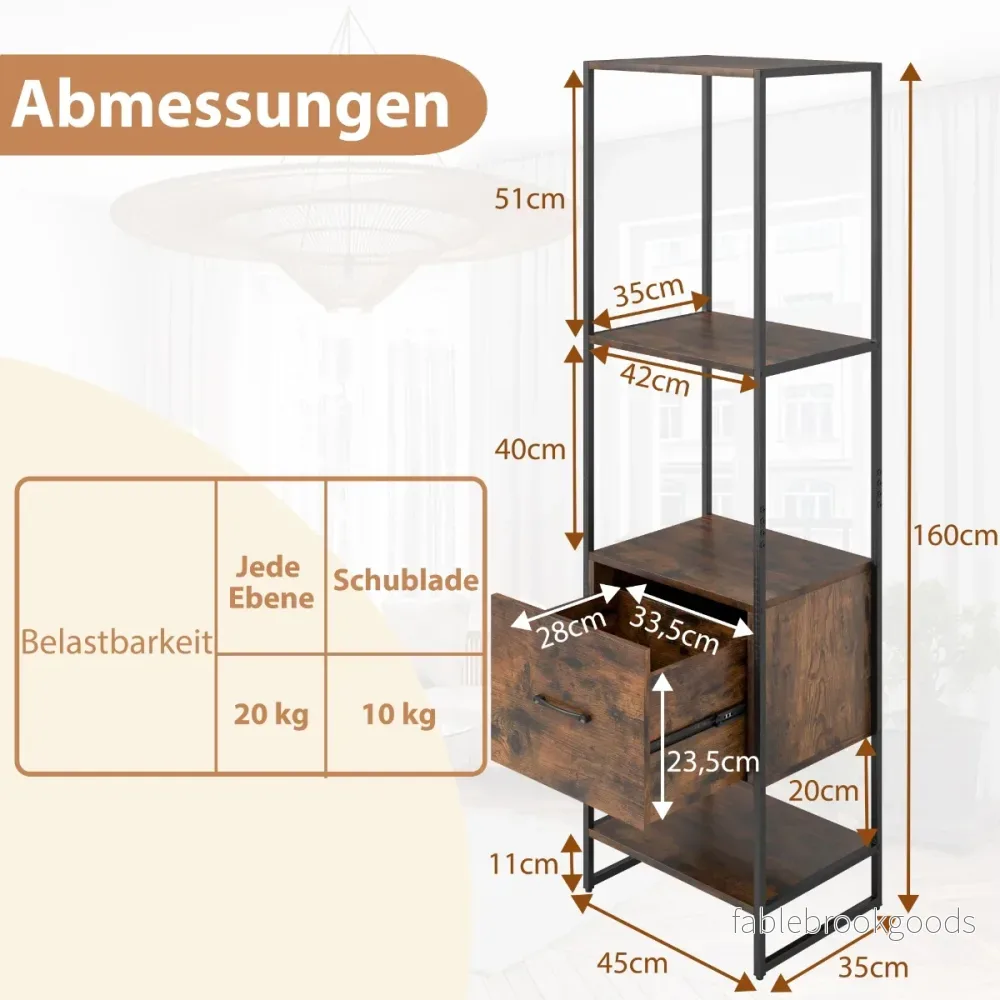 vånings – bokhylla med låda och metallram Modern stående – 5 – Brun - Bild 2