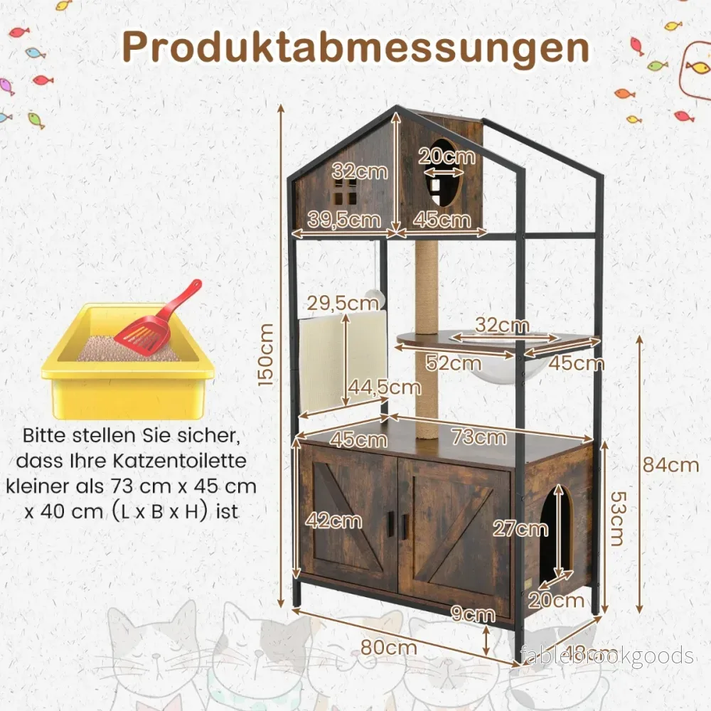 Kratsträd – med kattlåda skåp för katttoalett kattträd katthem – Brun - Bild 2