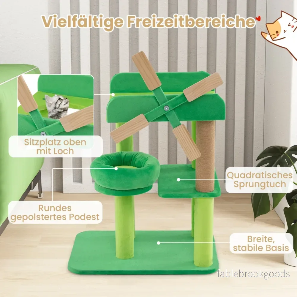 Liten – skrapstolpe med liggdel och plattformar kattträd i väderkvarnsform – Grön - Bild 3