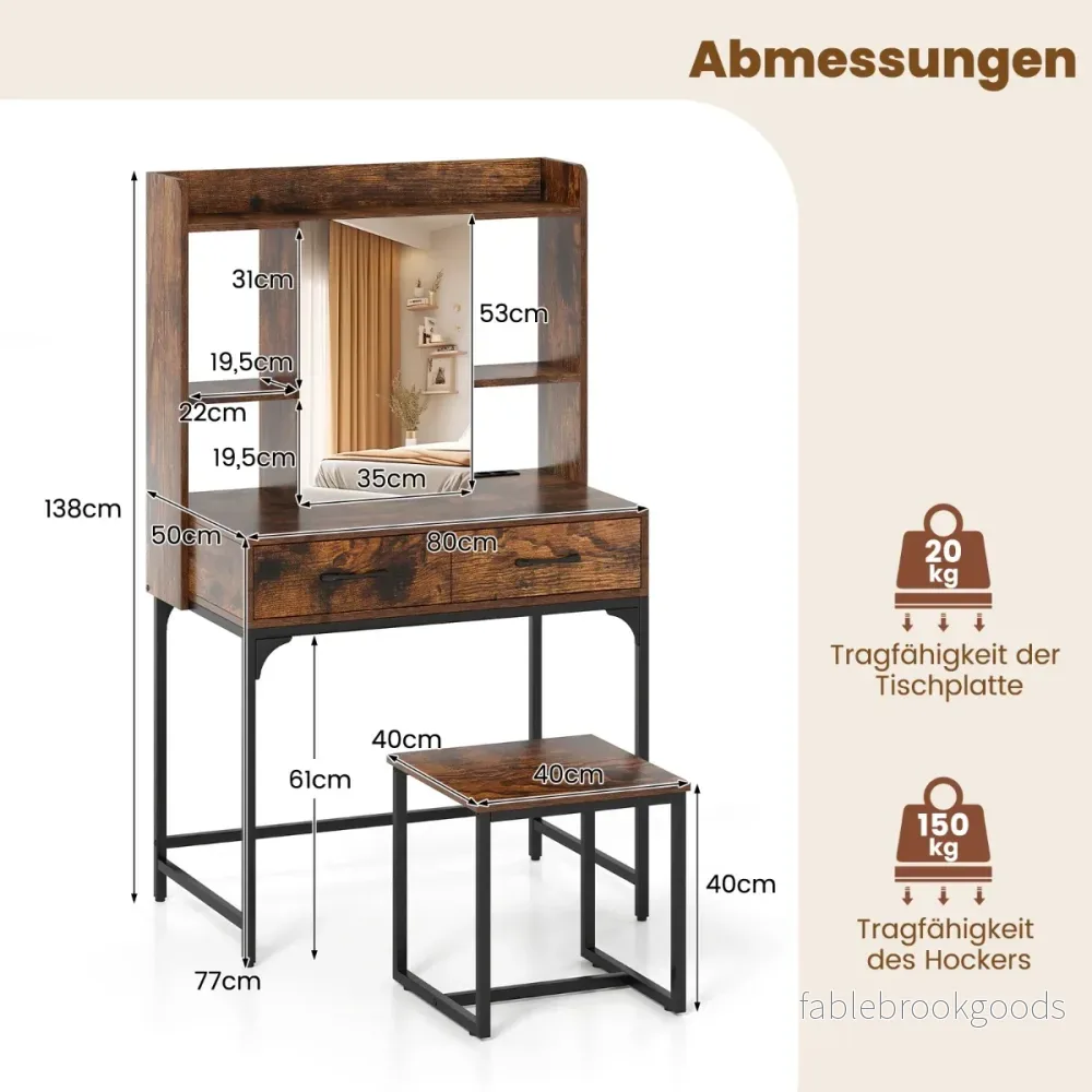 Sminkbord – set med spegel laddstation Lådor öppna hyllor – Rustik brun - Bild 2