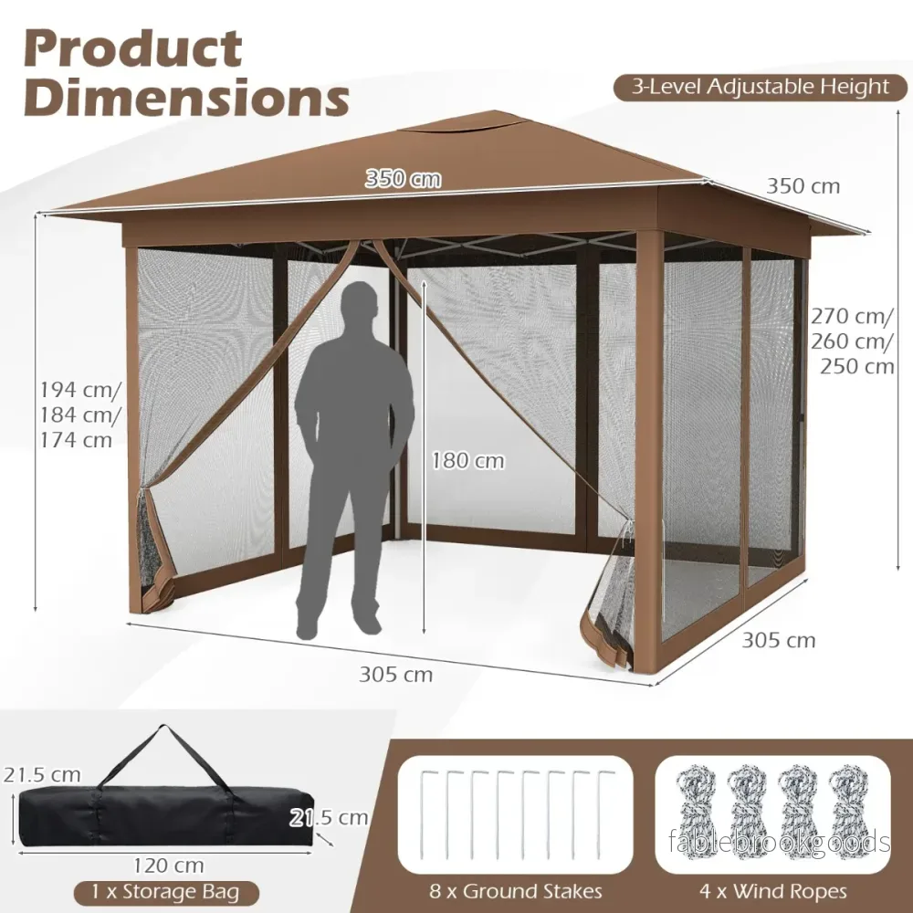 Paviljong – med ettklicksfunktion, höjdjusterbar, myggnät, dubbeltak och väska för trädgård camping – 3,5 x 3,5 m – Brun - Bild 2