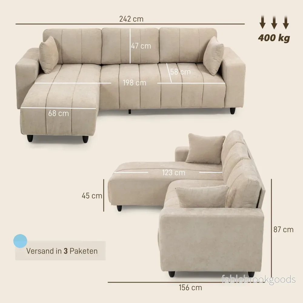L-formad sektionssoffa, beige, 3-sits med schäslong och kuddar - Bild 3