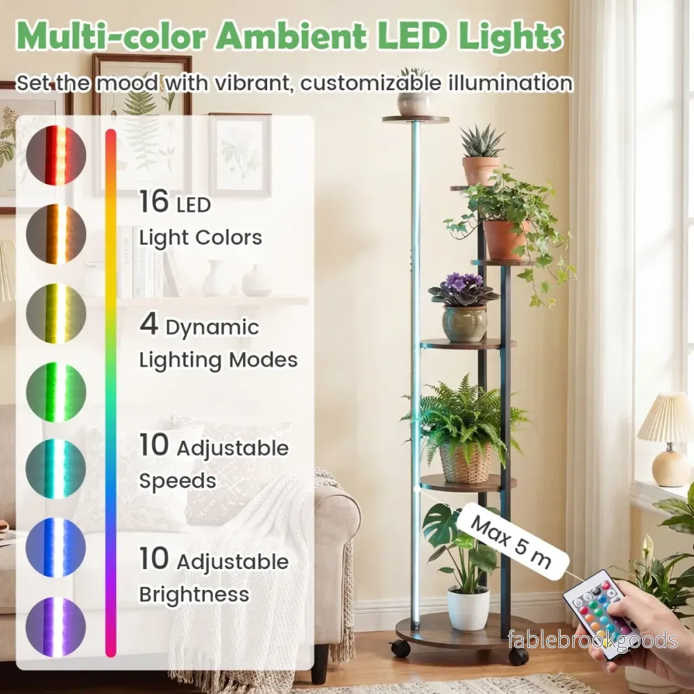 stegs – plantställ med LED belysning och hjul, blomsterställ planthylla Rustik – 6 / – Brun + svart - Bild 3