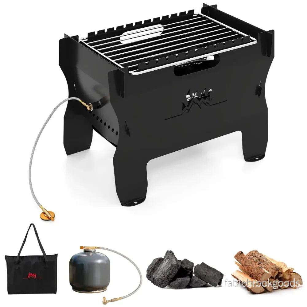 i – kolgrill och gasgrill bärbar eldstad med rostfritt stål galler bärväska – 2 1 – Svart - Bild 3