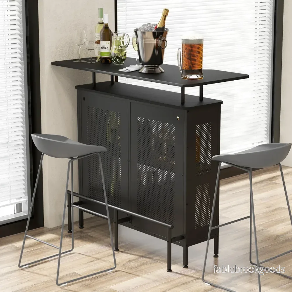 Köksbarbord – med vinställ och glashållare justerbara fötter – 2 6 120 x 50 x 106,5 cm – Svart - Bild 2
