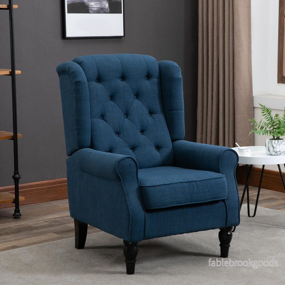 Blå tuftad Wingback-stol med armar, träben – 160 kg kapacitet - Bild 2