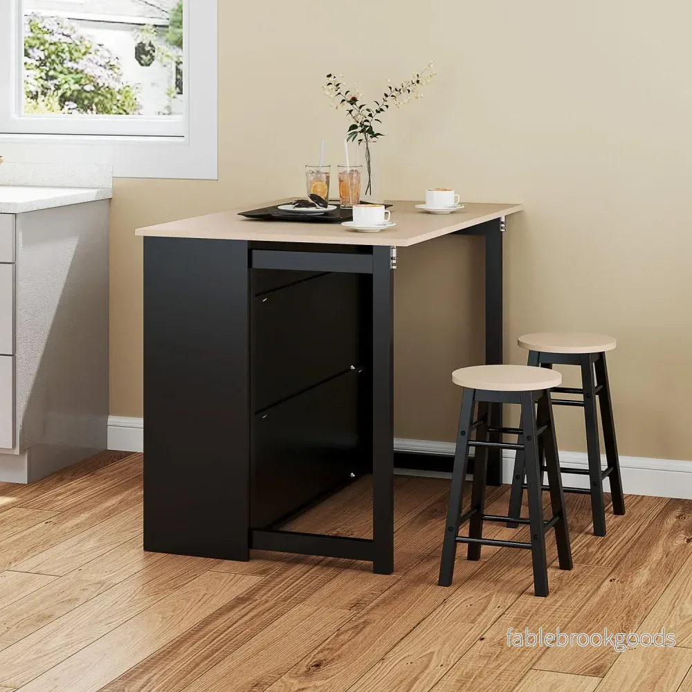 3-delat svart matsalsset, hopfällbar topp och förvaringsskåp - Bild 2