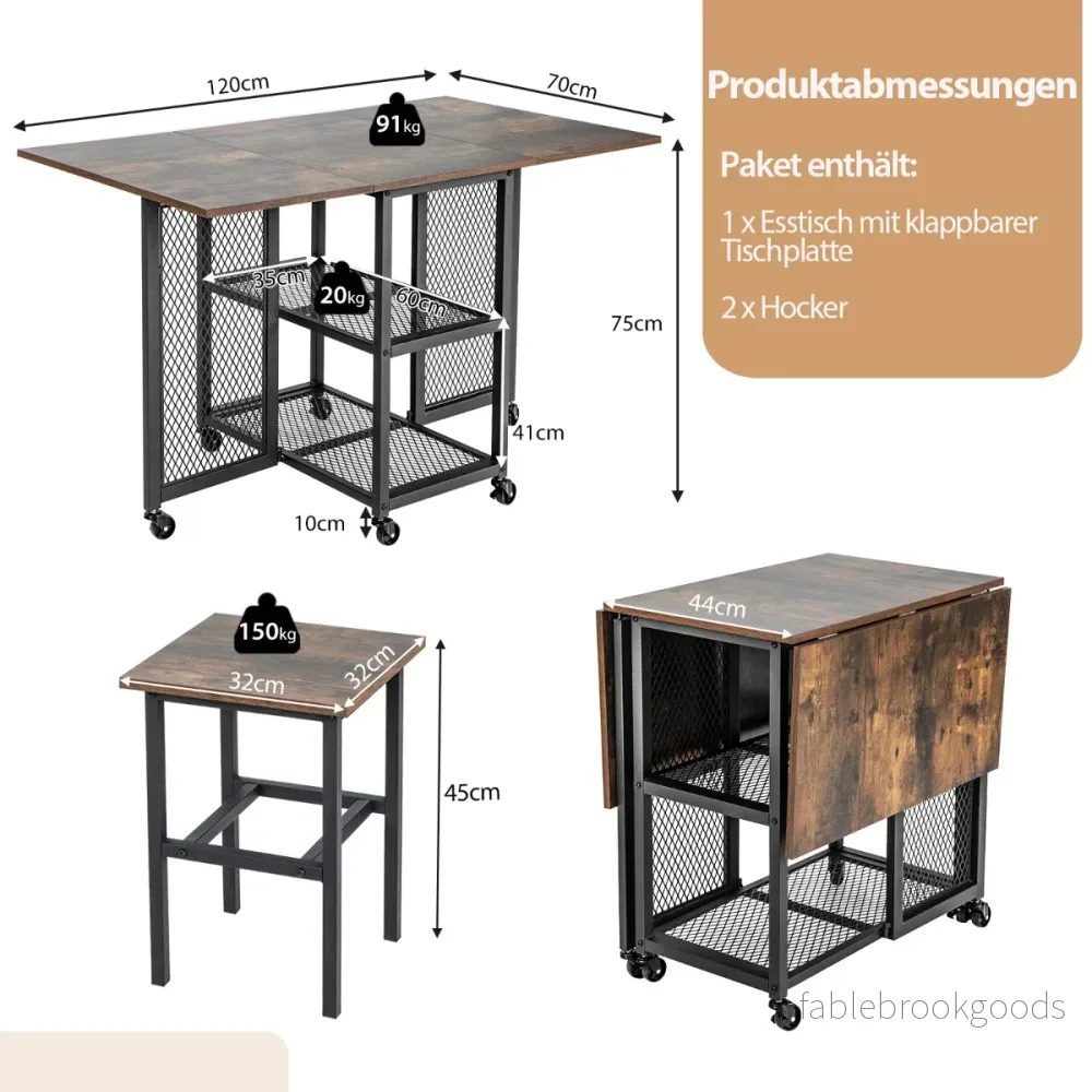 delat – set Fällbart matbordsset Utdragbart med pallar och mesh förvaringshyllor – 3 2 2 – Brun - Bild 2