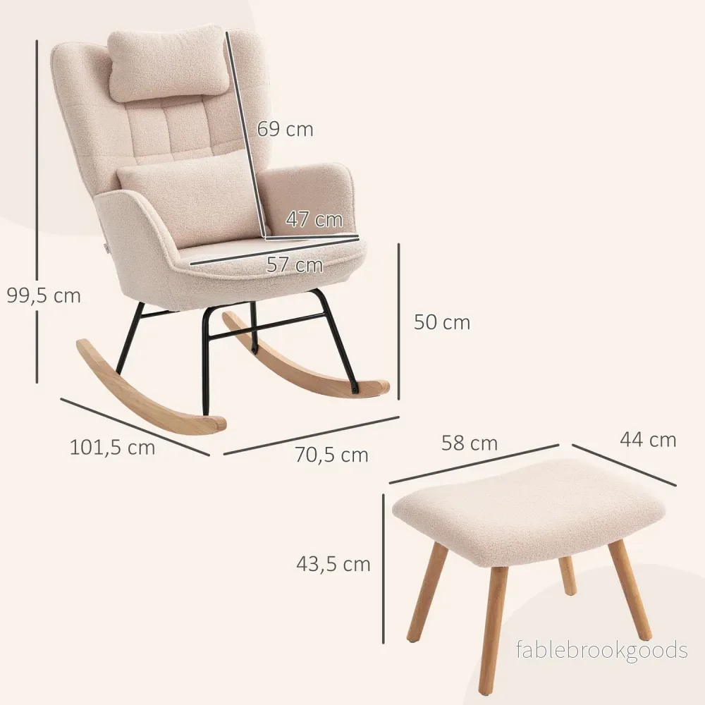 Gungstol med ottomansk, fleeceöverdrag, träben, beige - Bild 3