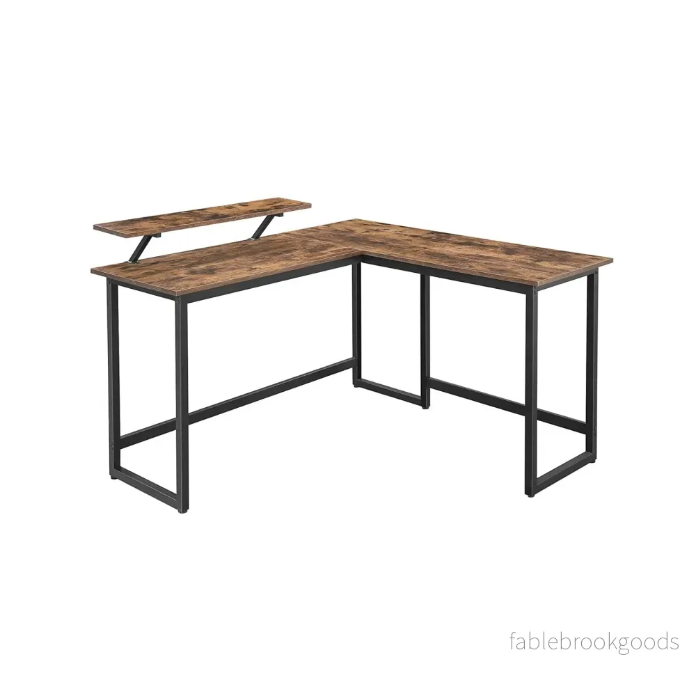 Hörnskrivbord – L-format med bildskärmsfäste – Vintage brun, svart