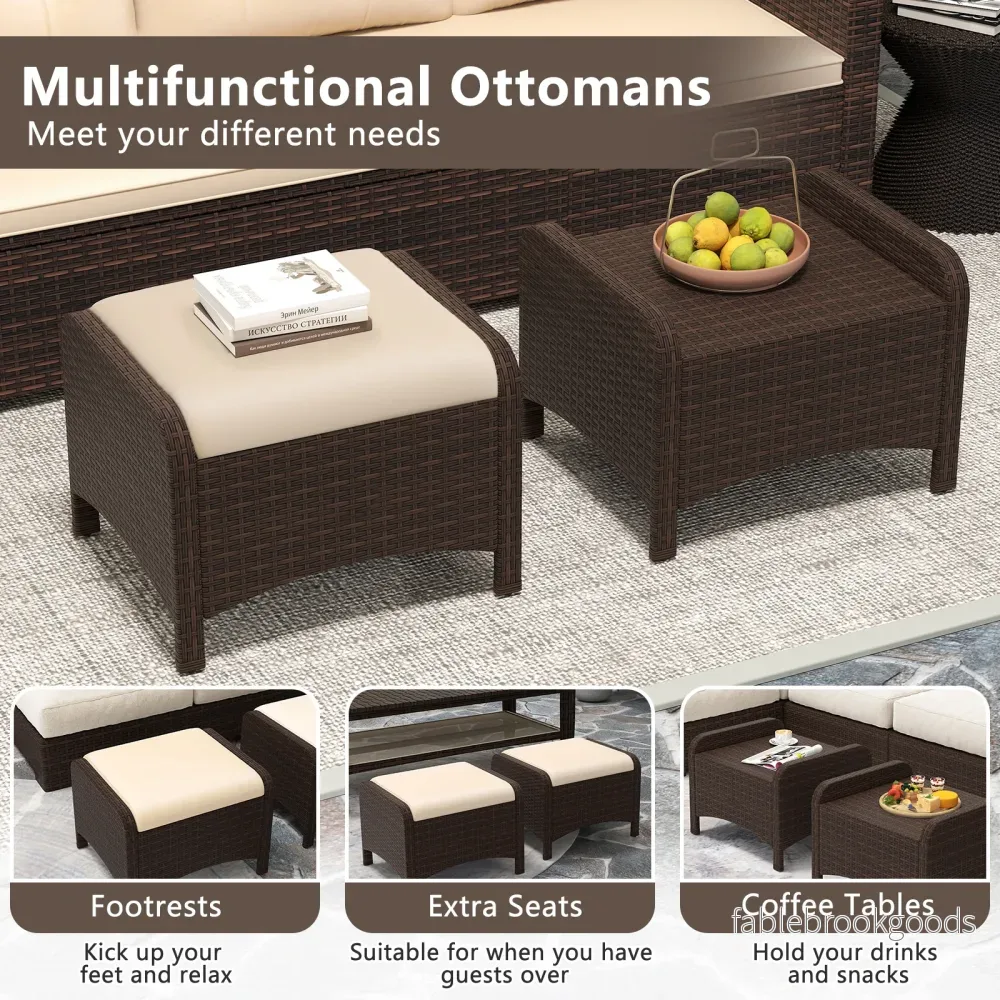 pack – fotpallar i PE rattan trädgårdspallar med avtagbara sittkuddar metallkonstruktion – 2 – Beige - Bild 3