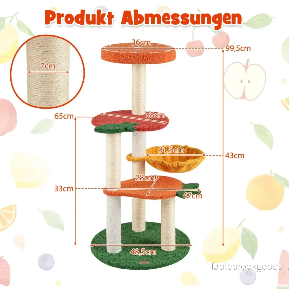 Klösträd – Litet Sött Frukttema Kattträd med Snurrbar Korg Sisal Klöspelare – 100 cm – Färgglad - Bild 2