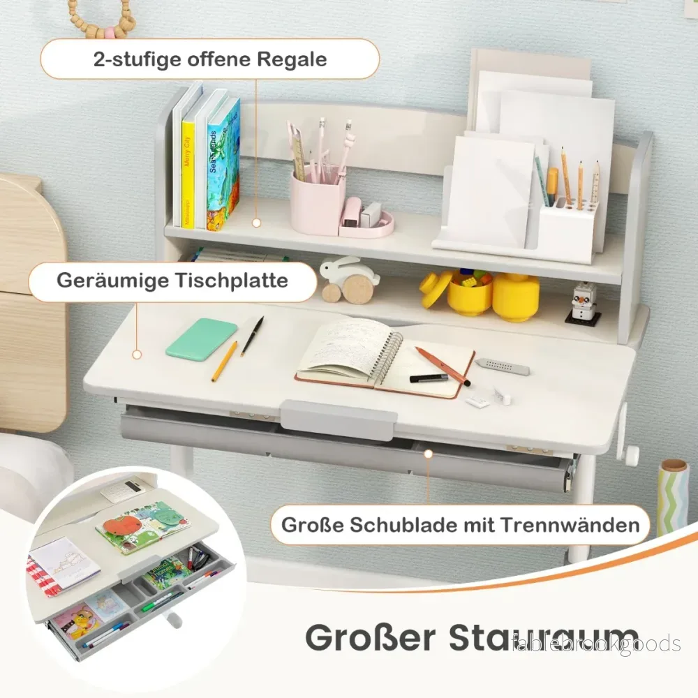 Höjdjusterbart – skrivbord med fällbar bordsskiva och låda hylla barnstudiebord – Grå - Bild 2